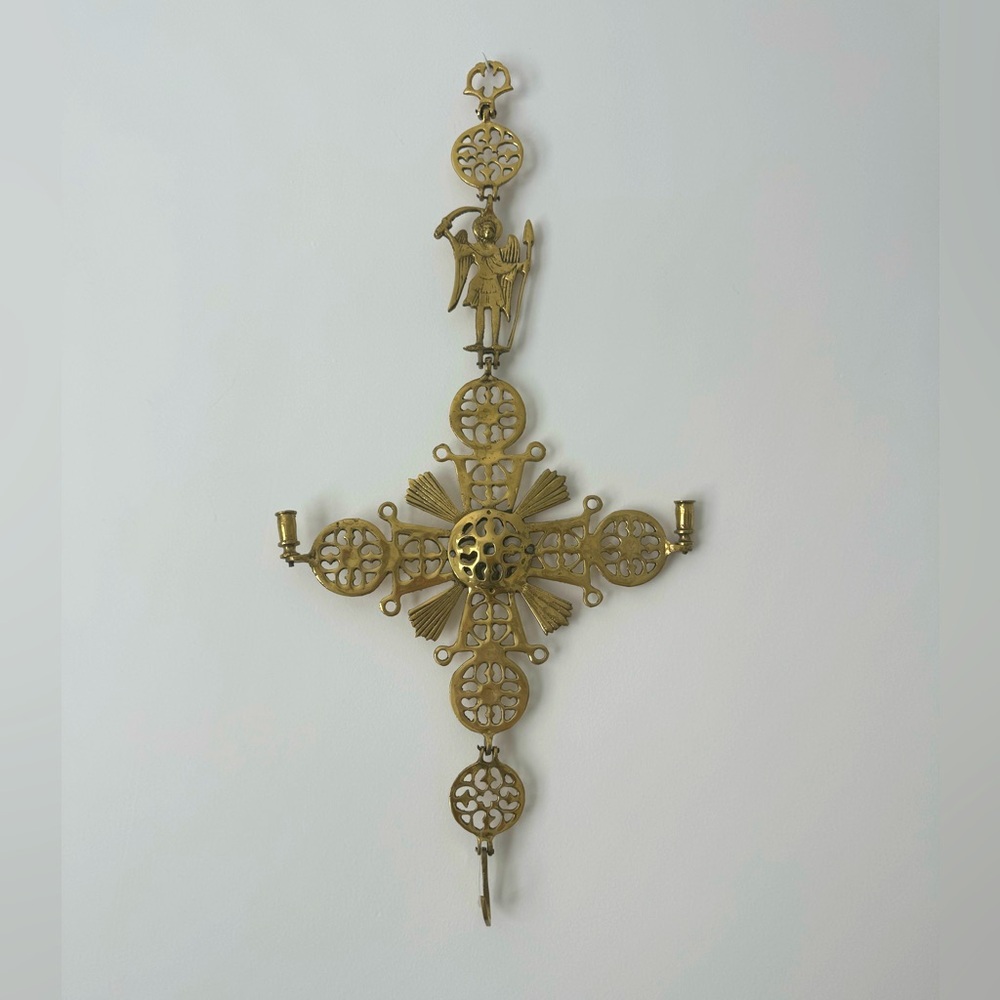 Vintage solid Brass European Cross 27’’ handcrafted candle sticks St Michael